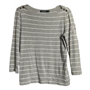 Lauren Ralph Lauren Grey White Stripe 3/4 Sleeve Button T Shirt Sz M EUC